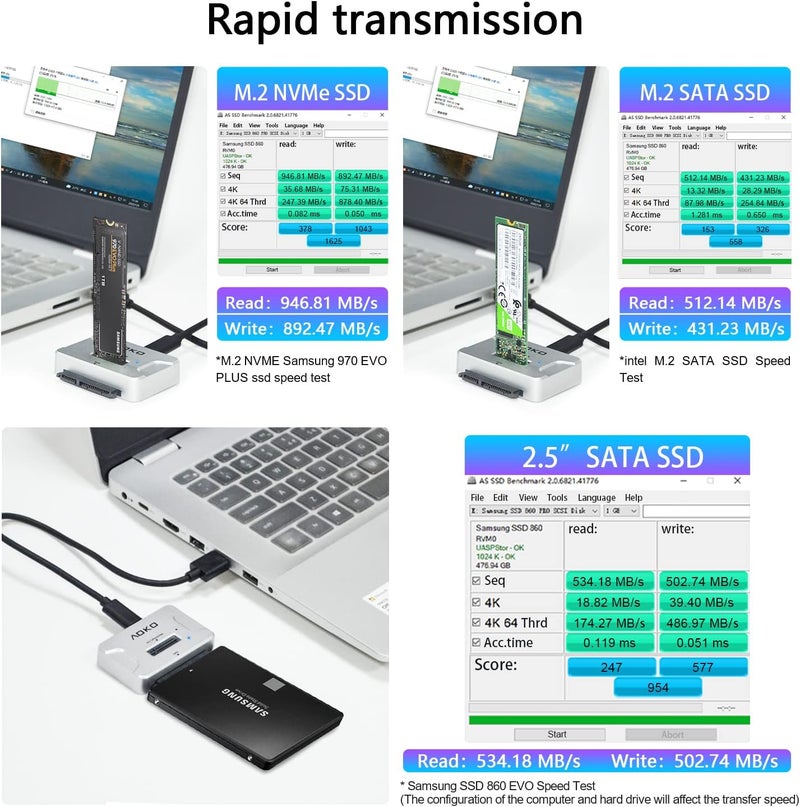AOKO محطة إرساء USB لمشغل M.2 SATA/NVMe، محول قارئ القرص الصلب، غلاف خارجي لمشغل M.2 SSD لمشغلات M.2 PCIe NVMe وSATA SSDs، متوافق مع SATA III HDD/SSD (محطة M.2 أو محول SATA) - Image 5
